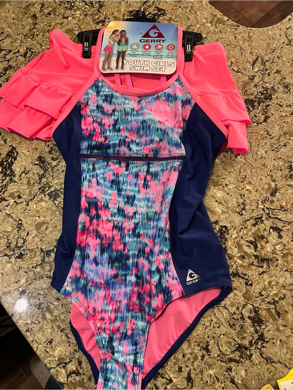 Gerry Weber Girls' Pink & Navy One-Piece Swim Suit - Youth XL